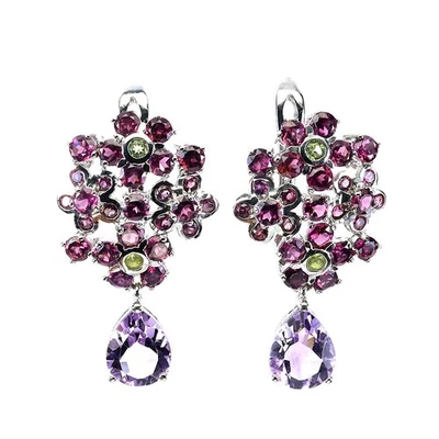 925 Sterling Silver Earrings Pear Amethyst Peridot Natural Gemstone Jewelry - Image 1 of 4