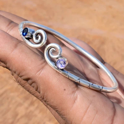 Tanzanite & Amethyst Cut Gemstone 925 Sterling Silver Cuff Bangle For Husband - Image 1 of 4