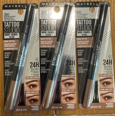 Maybelline 3-PACK TATTOO STUDIO BROW TINT PEN #360 Medium Brown NEW - Image 1 of 2