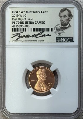 2019 W NGC PF70 RD Proof Ultra Cameo Lincoln Shield Cent - FDOI - Bass Signed - Image 1 of 2