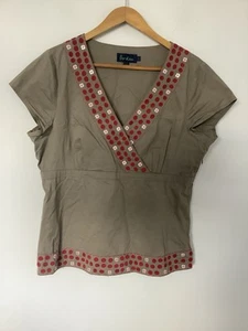 Boden Size 16 Cotton Blouse Top Crossover Bust V Neckline, Embroidered, Brown - Picture 1 of 6