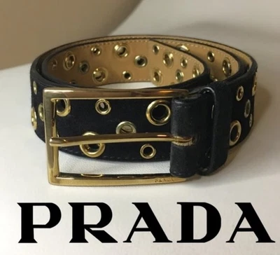 Cinturón de gamuza negro PRADA ojales plateados y dorados talla 34 Foto 1 de 4