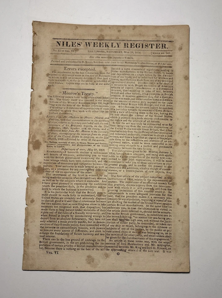 Niles Weekly Register May 28, 1814, JAMES MADISON Letter, War of 1812 Events - Image 1 of 4
