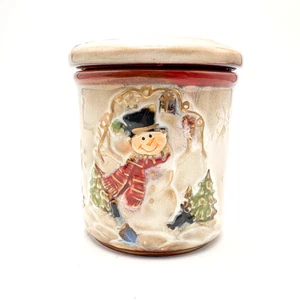 Snowman Christmas Trees Ceramic Lidded Cottage Core Storage Jar 4"D 4"H - Picture 1 of 11