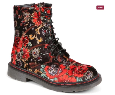 PAVERS Black FLORAL VELVET Red Gold BOOTS 8 41 Lace Up Zip - Image 1 of 4