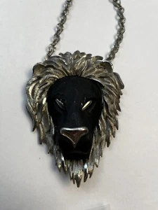 Vintage Luca Razza Black Silvertone Statement Lion Face Pendant Necklace 70s - Picture 1 of 8