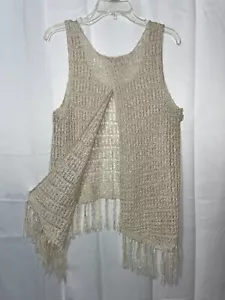 Democracy Sz L Beige Open Knit Tank Top Fringe Peek A Boo Back Hippie Festival - Picture 1 of 12