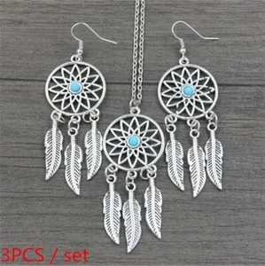 Bohemian Style Dreamcatcher Earrings and Necklace Set -Pendant, Feather Silver - Picture 1 of 8