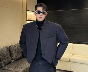 Men's Autumn Fashion Stand Collar Diamante Long Sleeve Loose Wool Short Coats - Picture 1 of 11