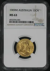 1909M Australia Gold Sovereign NGC MS-63 - Picture 1 of 2