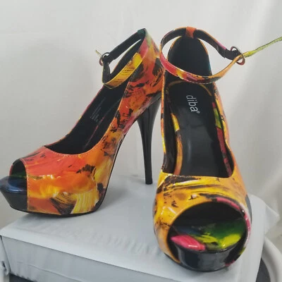 Zapatos de salón Diba London naranja amarillo charol punta abierta plataforma tacón alto para mujer talla 6 M Foto 1 de 4