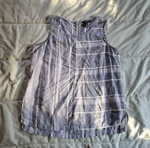 Ellen Tracy Linen Blouse Womens Large Blue White Striped 1/4 Back Zip Sleeveless - Picture 1 of 14