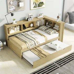Solid Wood Daybed w/Trundle & Storage Bookcases Twin Size Sofa Bed Platform Bed - Picture 1 of 16