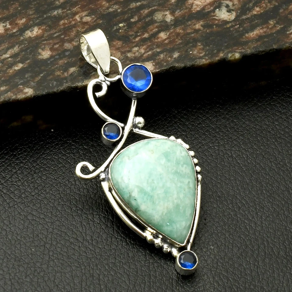 Amazonita Tanzanita Piedras Preciosas Étnicas Hechas a Mano Colgante Joyería Regalo 2.88" AP-37466 Foto 1 de 1
