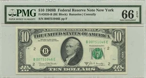 1969B $10 Federal Reserve Note New York Fr# 2020-B PMG Gem 66 EPQ - Picture 1 of 2