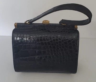 Bolso de Mano Vintage Escort Cuero Cocodrilo Caimán Asa Superior y Metal Tono Dorado Foto 1 de 4
