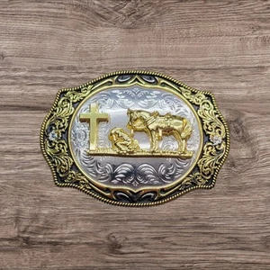 Kid's Belt Buckle Christian Cowboy 3.25" x 2.5" Silver/Black/Gold - Picture 1 of 2