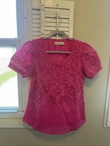 Joie Women’s Romantic Embroidered Dark Pink Puff Sleeve Blouse Size Med NEW - Picture 1 of 4