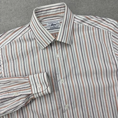 Brioni Neiman Marcus Dress Shirt Mens Large White Blue Orange Striped Italy - Image 1 of 4