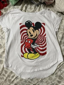 Preowned Mickey Mouse Red And White Swirl T-shirt Youth Size L  10/12  - Picture 1 of 3