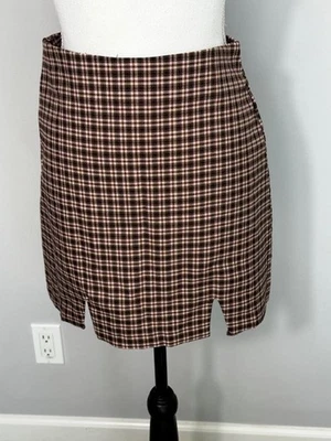 GB Plaid Front Double Slit Mini Skirt, Brown, Size S - Image 1 of 4