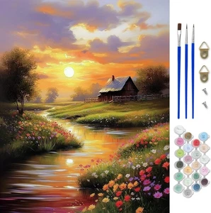Kit Dipingere con i Numeri per Adulti, Campagna Tramonto Pittura con i Numeri Kit su Tela - Foto 1 di 8
