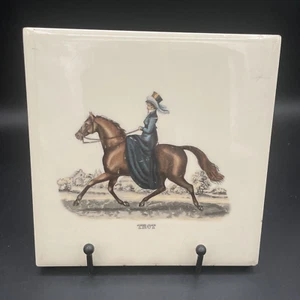 Vintage Horseback Riding Tile Trivet - Trot Woman on Horse - Mosaic Made in USA - Picture 1 of 9