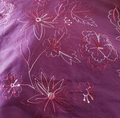 Vntg Sewing Fabric Purple w/ Varigated Embroidery Flowers 1.5yX45" Cotton Blend - Image 1 of 3