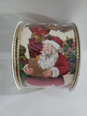 Christmas Santa Wired Ribbon Metallic Edging 2.5" x 10 Yards New - Image 1 of 4