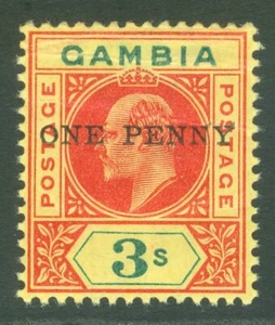 SG 70 Gambia 1906. 1d en 5/- carmín y amarillo. Pliegue horizontal. Sin montar... - Imagen 1 de 1