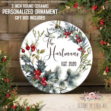 Holly Framed Personalized Ornament, 3in Custom Round Ceramic, Z-OCH311