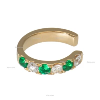 18K Solid Yellow Gold Natural Emerald & Natural Diamond Single Ear Cuff Earrings - Image 1 of 2
