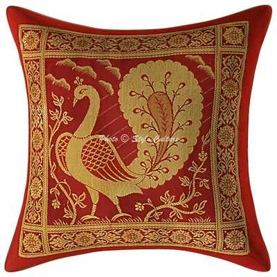 Indian Brocade Throw Pillow Cover Maroon 12 x 12 Jacquard Peacock Cushion Cover - Image 1 of 3