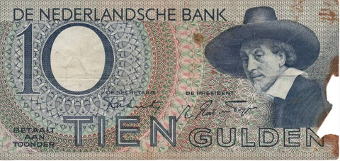Netherlands 10 Gulden 1943 Vintage Circulated World Banknote, Missing Piece Cover