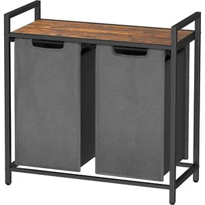 Modern Grey 2-Basket Laundry Hamper Sorter Black Frame Rustic Brown Top Shelf - Picture 1 of 3