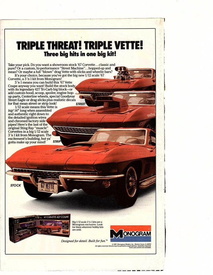 CHEVY RACE CAR PLASTIC TOY MODEL KIT ART PRINT AD~ 1967 CORVETTE~ (hk1 - Image 1 of 1
