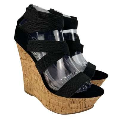 Rouge 8.5 Black Strappy Sling-back Stretch Cork Platform Wedge Women's Shoes - Image 1 of 4
