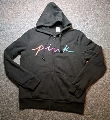 Black Hoodie Victoria Secret Pink Glittery Rainbow Graphic Size Medium  170/96A - Image 1 of 4