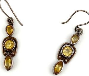 Vintage Silver Citrine Earrings 925 Sterling Triple Gemstone Dangle Pierced - Picture 1 of 18