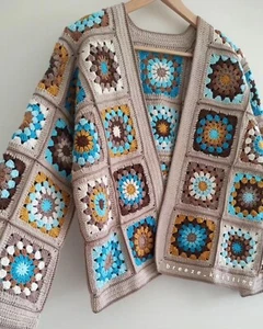 Handmade Afghan Crochet Cardigan, Vintage Boho Granny Square Sweater for Women - Picture 1 of 4