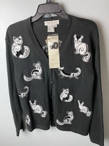 Vintage NWT Deadstock Cat Sweater Cardigan L Black White Art Granny Cottagecore - Picture 1 of 12