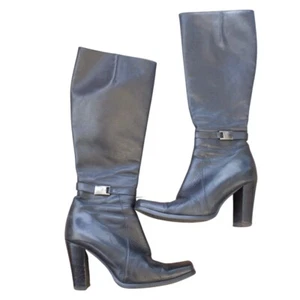 Sexy Y2K Black Leather Knee High Square Toe Boots | UK 6 - Picture 1 of 8