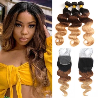 Ombre Human Hair Bundles with Lace Closure Body Wave 4×4 Lace Front Closure Hair - Image 1 of 4