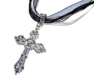 BLACK RIBBON SILVER CROSS CHOKER ornate crux pendant gothic necklace vampire R3 - Picture 1 of 4