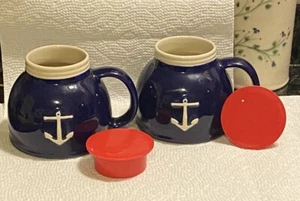 Pair Feltman Langer No Spill No Slip Nautical Mugs W/Nautical Anchor W/Red Cover - Picture 1 of 19