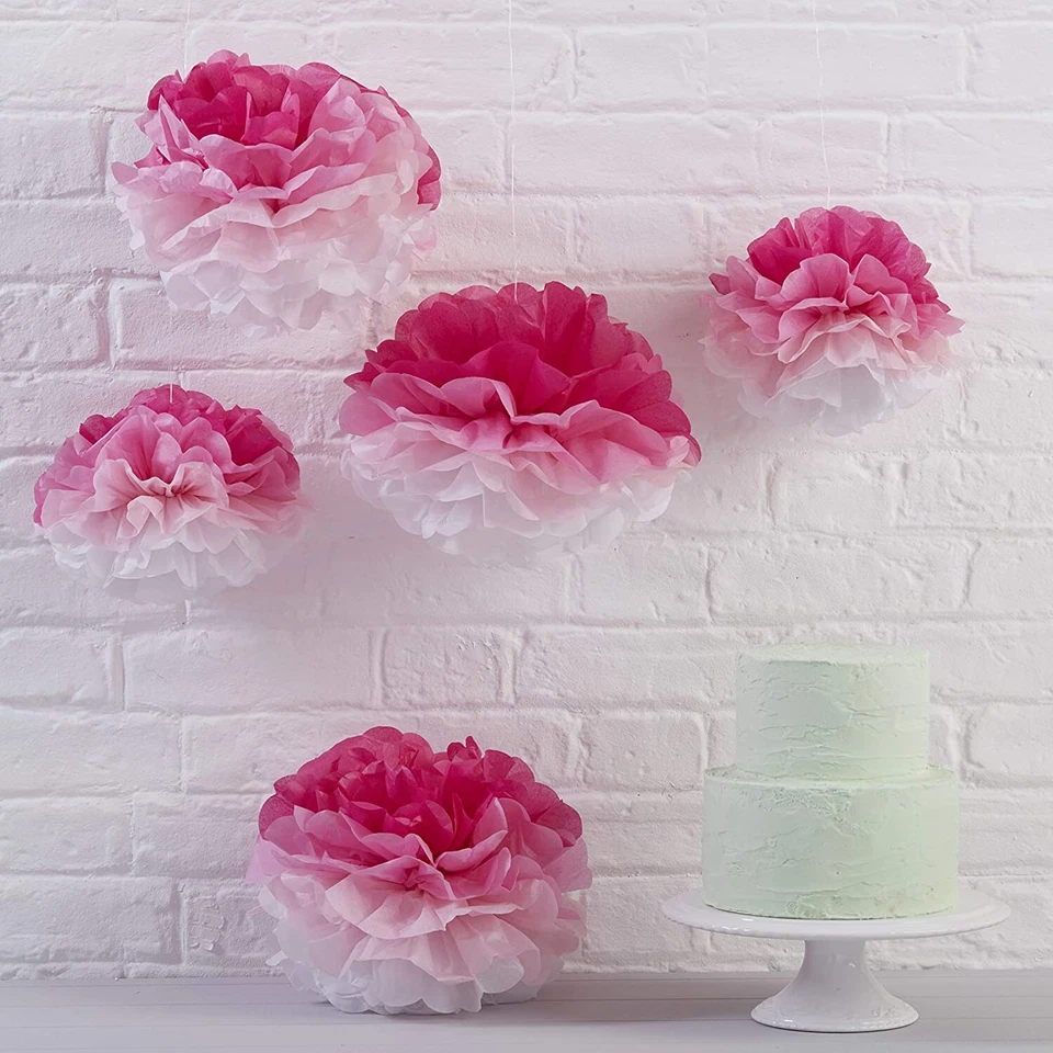 5 Pink Ombré Tissue Paper Pom Poms - Girl Baby Shower - Birthday Party - Image 1 of 1