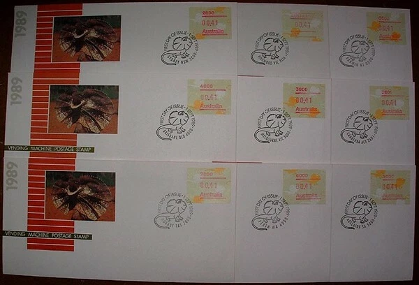 AUSTRALIA 1989 41c FRILLED NECKED LIZARD FRAMA FDC's x9 DIFFERENT POSTCODES - Image 1 of 1