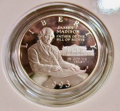 GEM PROOF MADISON COMMEMORATIVE HALF DOLLAR, SILVER 1993 ORIGINAL MINT PACKAGE - Image 1 of 4