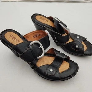 BORN Black Leather Celina Heeled Sandals Women's US 10 EU42 Buckled Strap Shoes - Picture 1 of 17