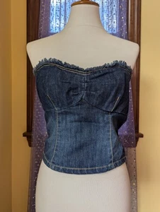 Vintage Y2K XOXO Jeans Blue Denim Frayed Cropped Ties Bustier Top Size S/M - Picture 1 of 18